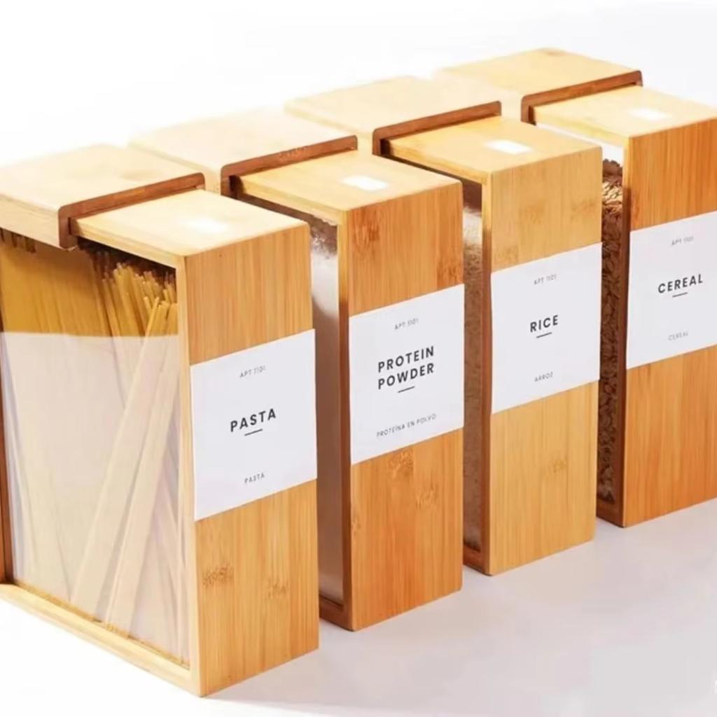 1/2pcs Creative Bamboo Grain Storage Box Kitchen Wooden Sliding Cover Rice Dispenser Household Food Pantry Organizer