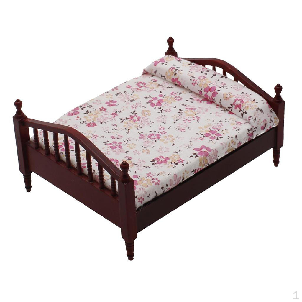 

Миниатюрная мебель для кукольного домика 1/12, двуспальная кровать, украшения для кукольного дома, аксессуары 16x11.7x7.3cm