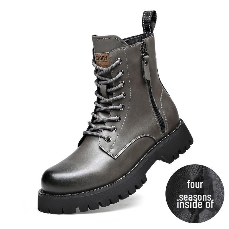 Men's Autumn & Winter Yellow Genuine Leather Boots with Thick Sole, Side Zipper, and Round Toe - Comfortable Mid-High Martin Style.