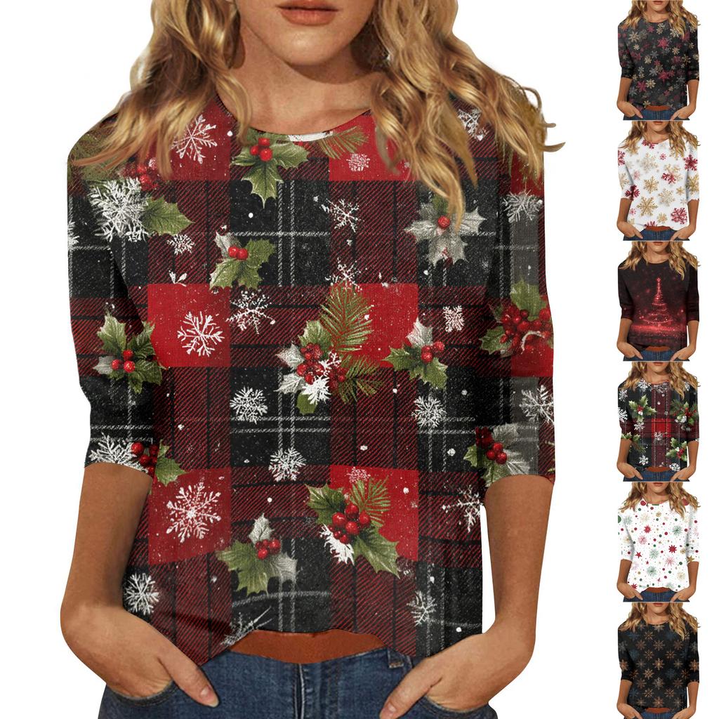 Damebluser Trekvart ermet skjorte V-hals Løs fritidsskjorte Trykk T-skjorte