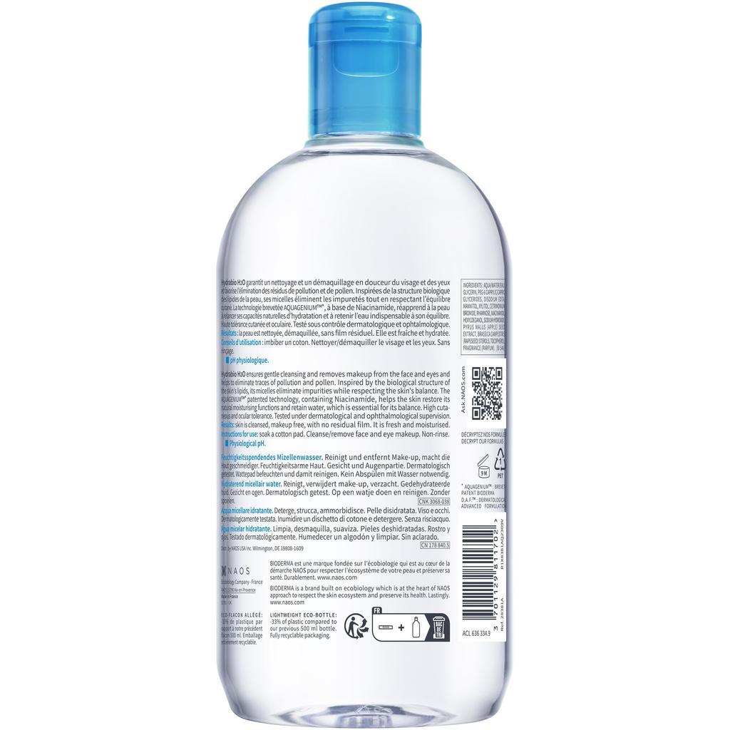 Bioderma Hydrabio H2O Micellar Water for Sensitive/Dry Skin, Gentle Makeup Remover & Hydrating Cleanser, 500 ml
