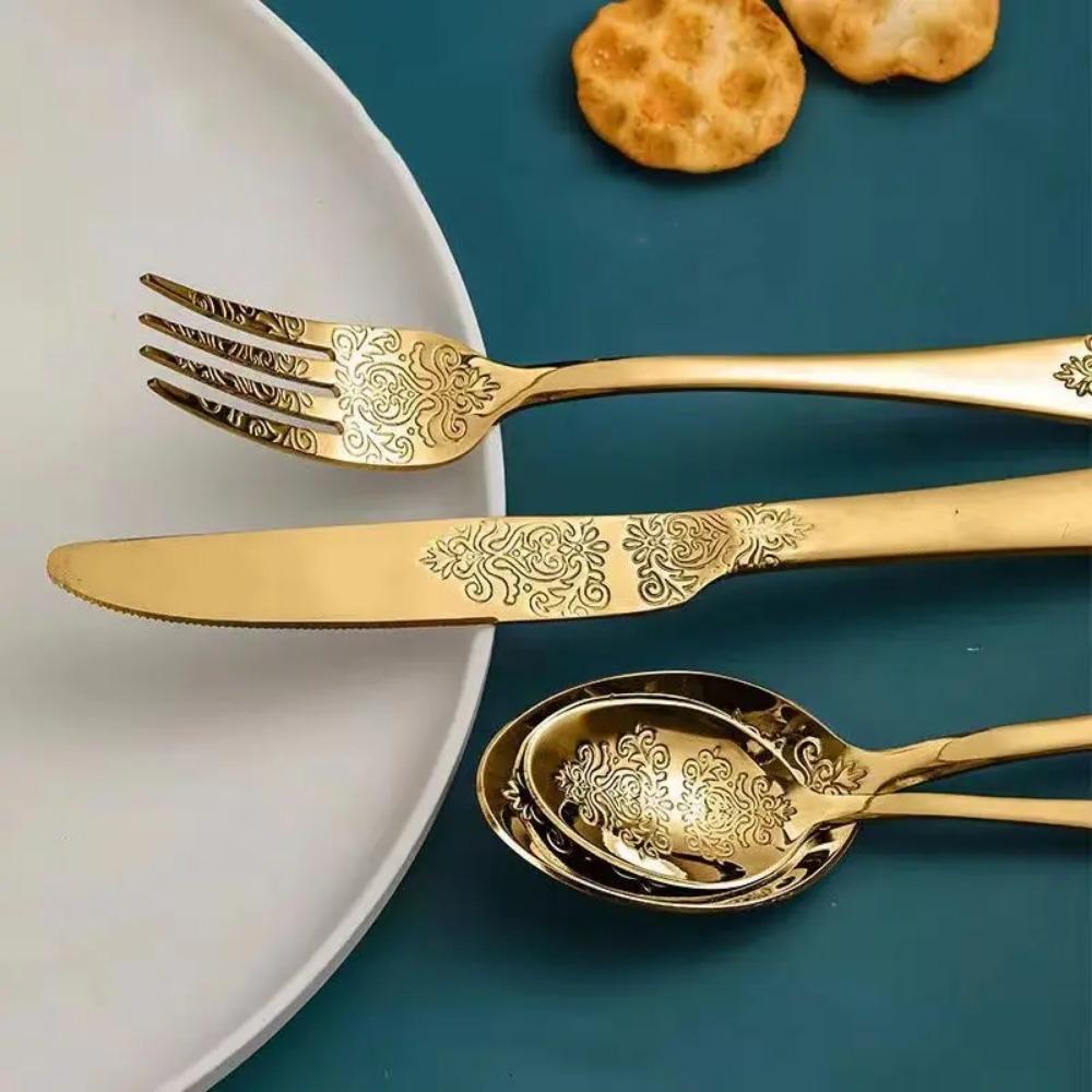 Stainless Steel Cutlery Set Unique Floral Engravings High-end Steak Knife, Fork, Dessert Spoon, Suitable for Banquets Parties