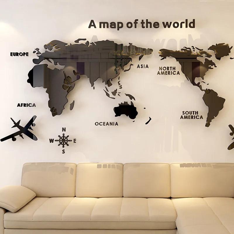 1Pc World Map Wall Stickers Acrylic Creative 3D TV backdrop Wallpaper Decoration Home Living Room Office Interior Decorative
