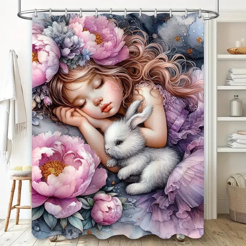 

Girl With Bunny Rabbit Peony Shower Curtain Waterproof Decorative Bathroom Hanging Liner In Soft Pink White Purple Blue Floral W60H190(CM)-1 Pcs