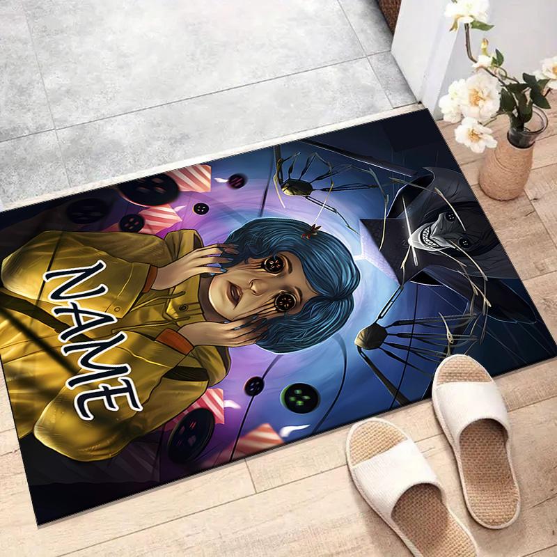 Custom Coraline Mat Personalized Name, Polyester Washable Indoor Entryway Rug, Gift for Christmas, Easter, Thanksgiving Day