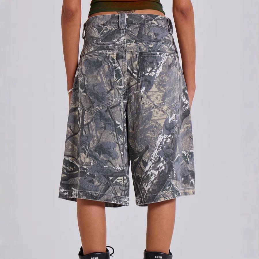 Unisex Leaf Pocket Camouflage Denim Shorts Vintage Washed Pants for Men Women Summer Vintage Loose Straight Baggy Shorts