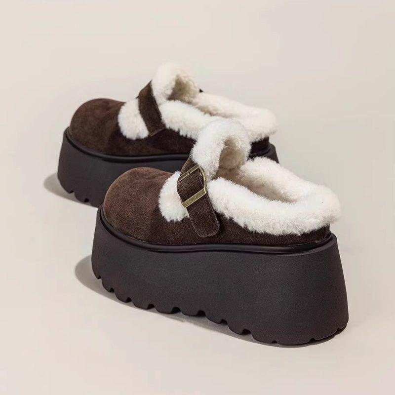 Thick-soled cotton slippers for women to wear outside the winter new bag head half slippers for women to keep warm and increase height and fleece