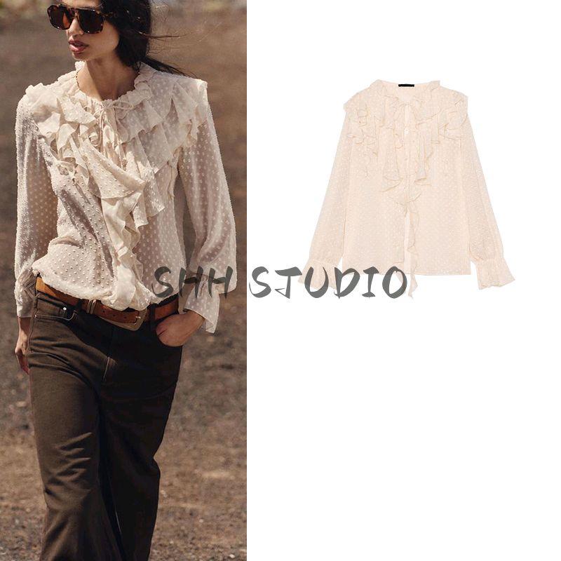 Spring New Women's Clothing Minimalist Round Neck Laminated Decoration French Tulle Long Sleeve Shirt Top 2275713