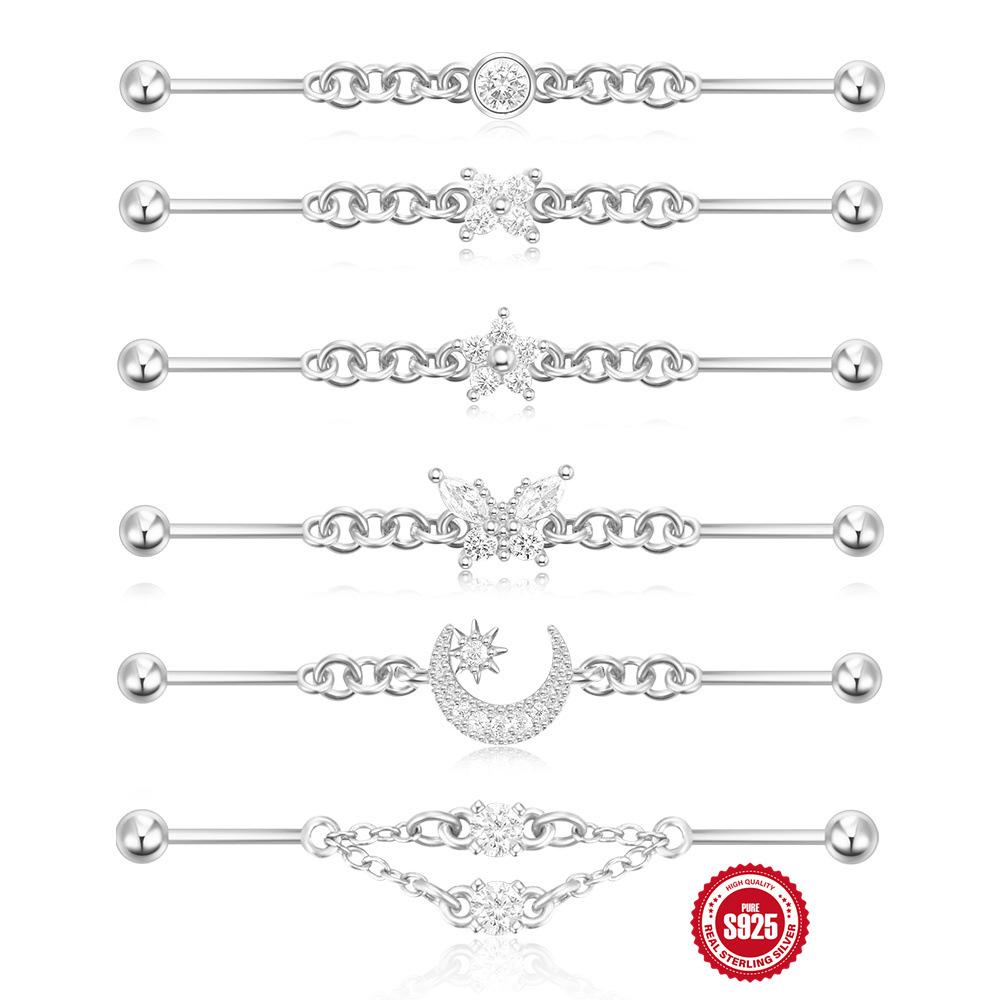 S925 Zircon Industrial Piercing Chain Barbell Thread Ear Nail