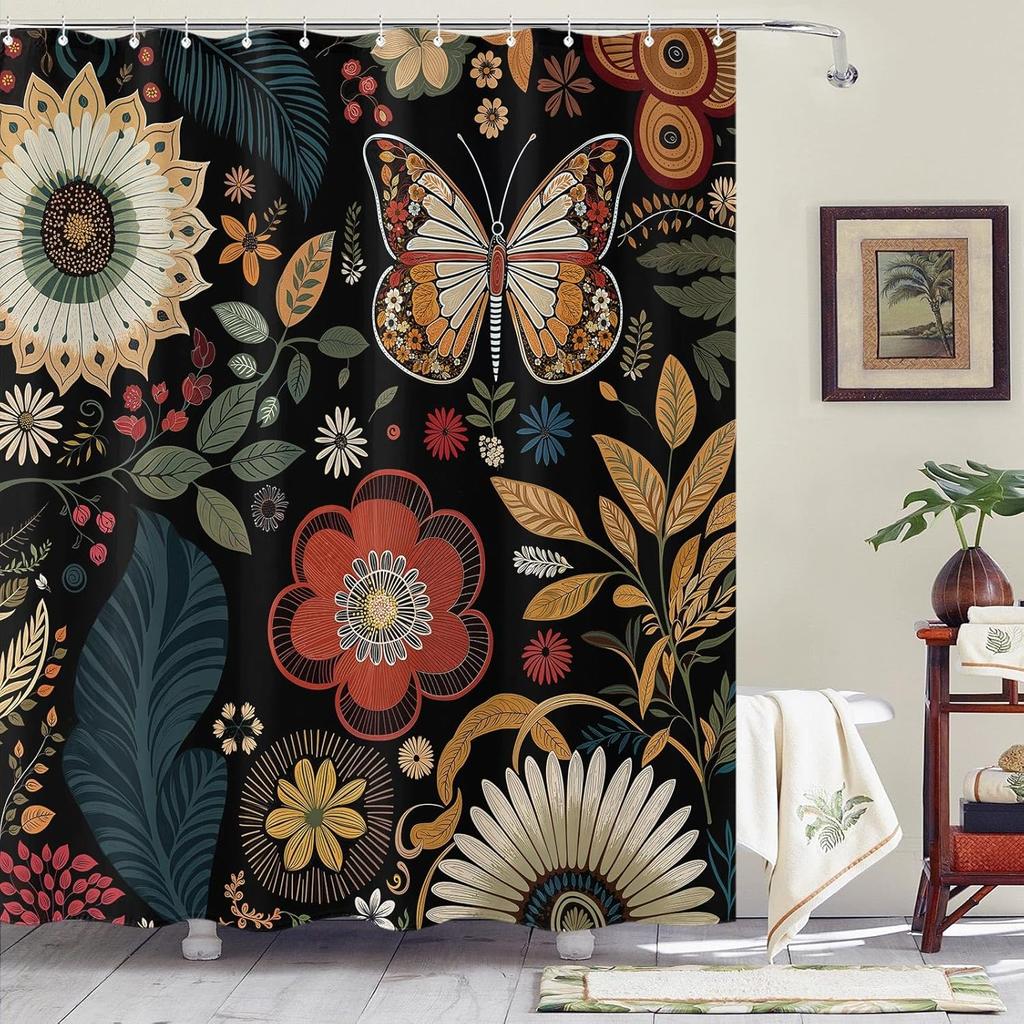 Boho Butterfly and Floral Shower Curtain White Boho Nature Shower Curtain Waterproof Flower Shower Curtains for Bathroom Decor