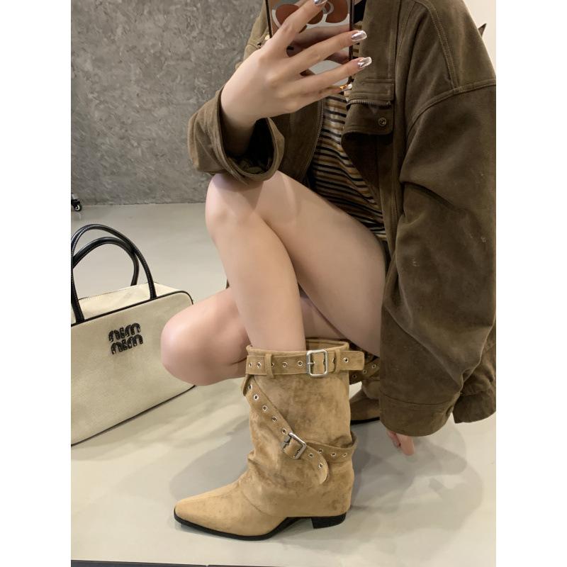 2025 New American Spice Girls Belt Buckle Pants Boots Short Boots Women's Boots Pointed Western Cowboy Boots