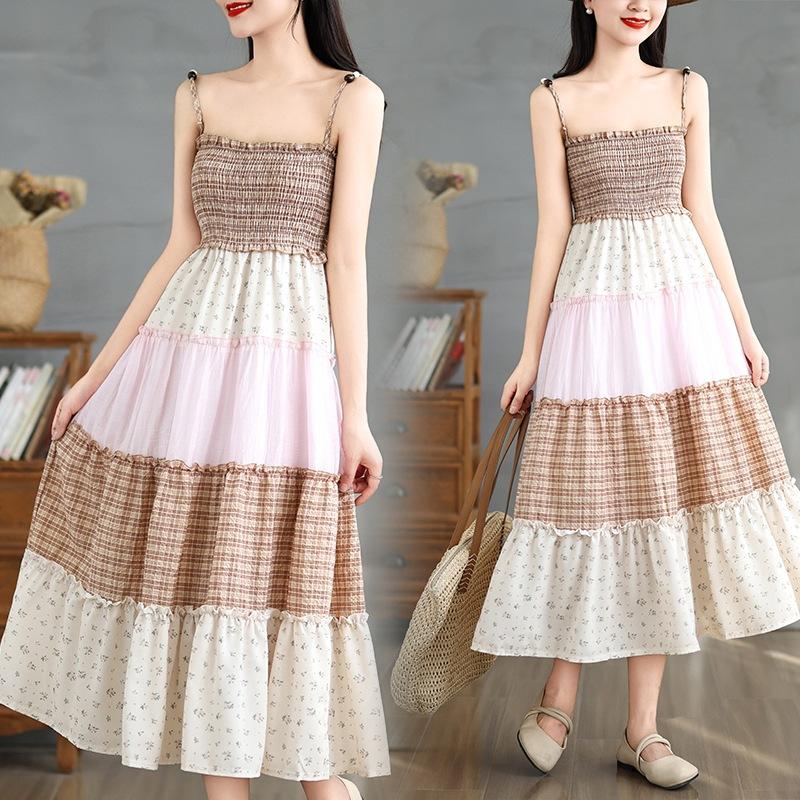 

2025 лето новый принт отпуск платье подтяжки женское свободное уменьшение возраста мода темперамент средняя и длинная юбка 2XL