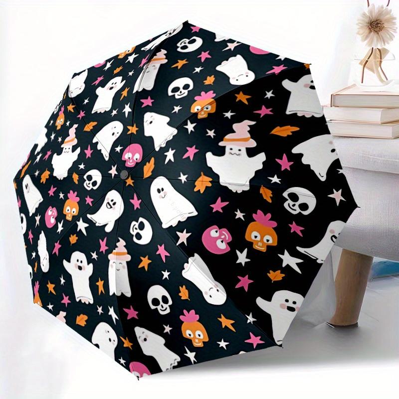 1pc Ghost Halloween Automatic Open/Close Umbrella with One-Touch Button, Compact Folding Canopy, Sturdy 8-Rib Windproof Design