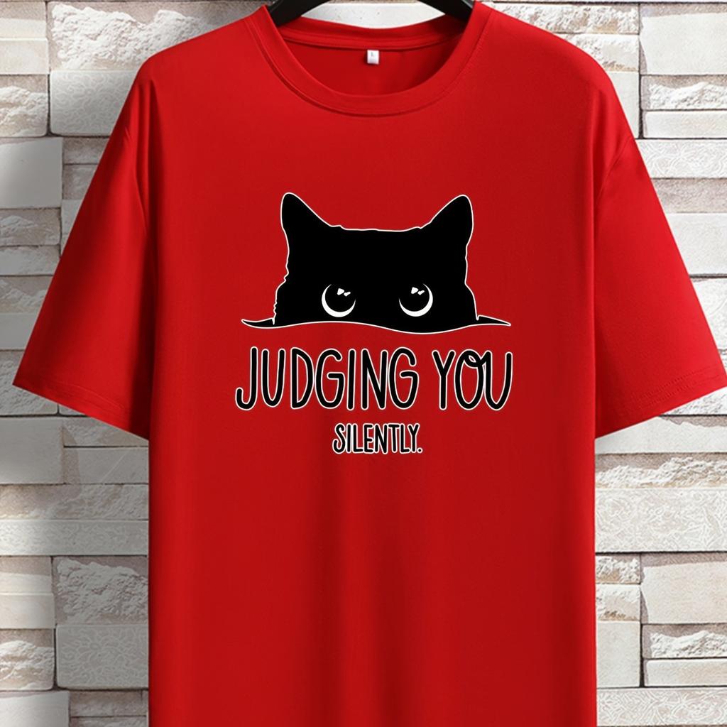 Cat Print Loose T-shirt, Women Short Sleeve Crew Neck Tops, Casual Clothing for Spring Summer