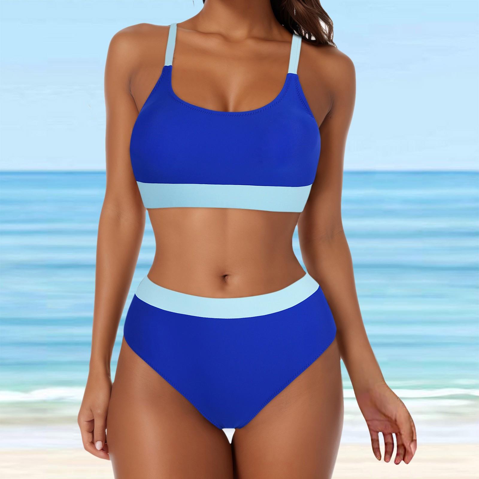 

Бикини для женщин с высокой талией, спортивный купальник из двух частей, цветной блочный купальный костюм, поддерживающий большую грудь, бикини XXL синий