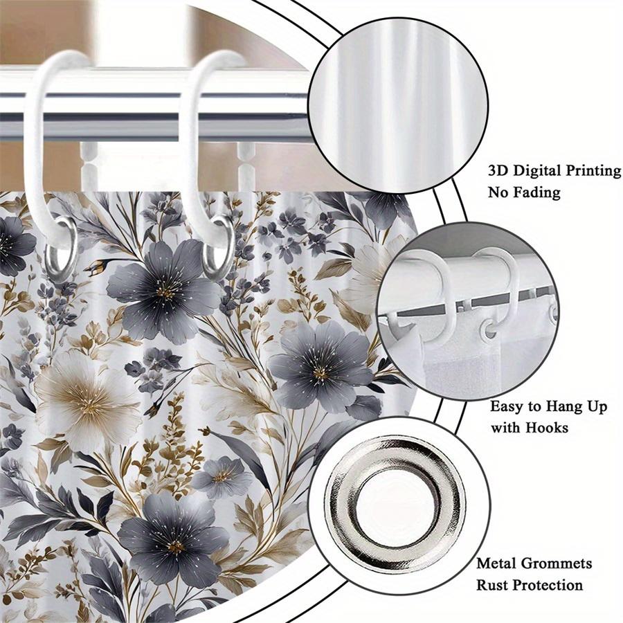 1 Grey Beige Floral Shower Curtain, Elegant Off-White And Beige Flowers With Dark Flowers And Delicate Leaves, With Hook