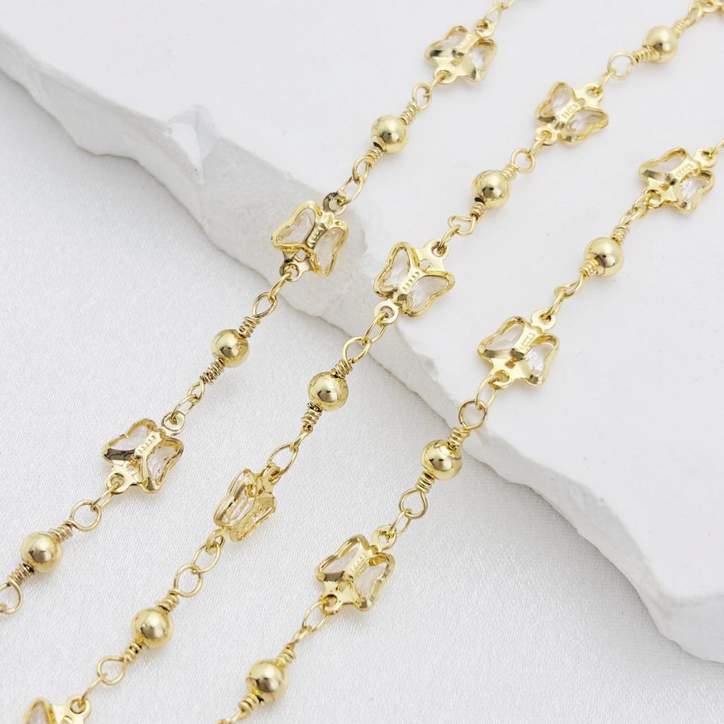 14K Gold-Filled Peach Heart & Butterfly Rhinestone Chain for DIY Jewelry: Bracelet, Necklace & Hair Accessories