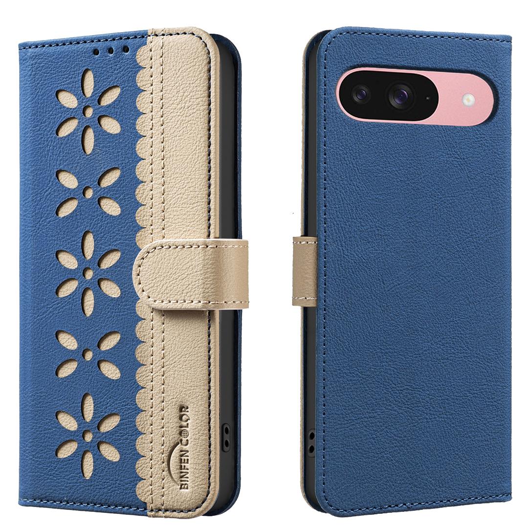 

For Google Pixel 8 Pro Leather Case BINFEN COLOR BF36 Floral Pattern Phone Cover RFID Blocking Wallet Stand Dark Blue