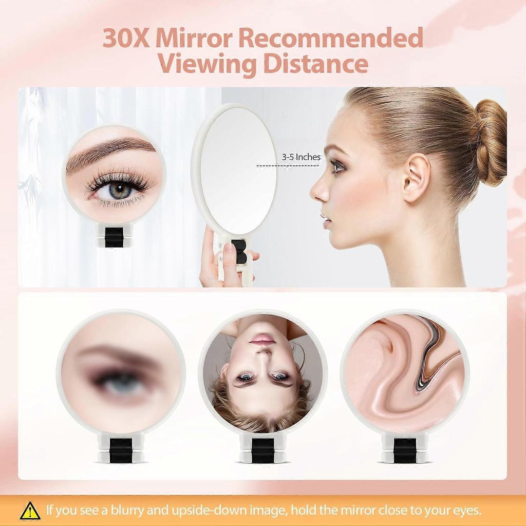 Handheld Mirror, 30X Magnifying Mirror with Stand, Double-Sided Magnifying Mirror with 30X/1X Magnification Mirror, White Less