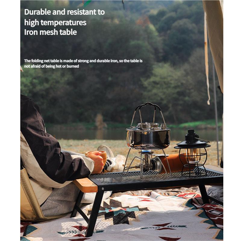 Portable Folding Camping Table with Solid Wood Top and Iron Mesh Surface Heat Resistant Outdoor Picnic Desk Lightweight for Backyard Beach