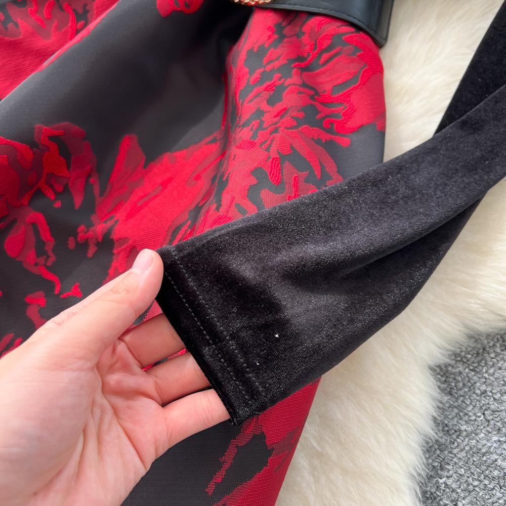 Robe de Luxe en Velours Style Français Col V Manches Longues Ceintures Épissure Jacquard Automne Femmes Imprimé Floral Fête Robe Maxi