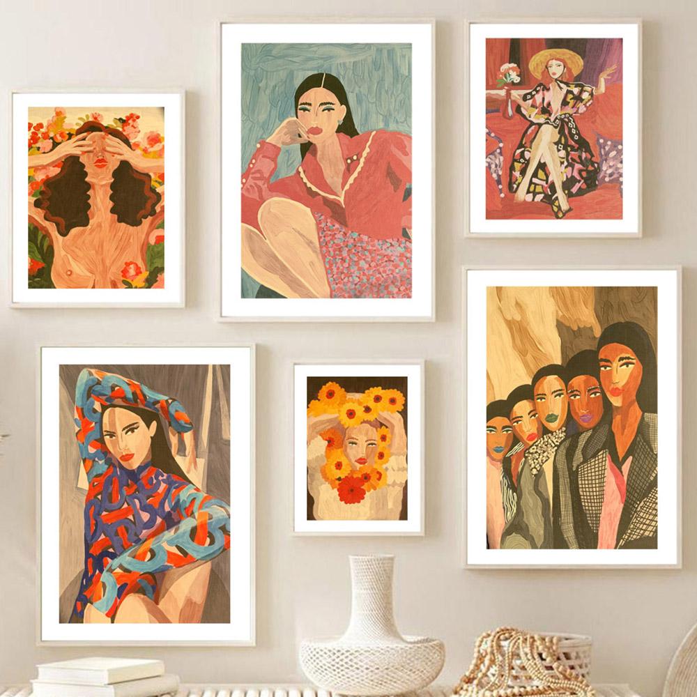 Vintage Fashion Girl Portrait Posters and Prints Paris Flower Wall Art Canvas Painting Wall Pictures for Living Room Decor Art