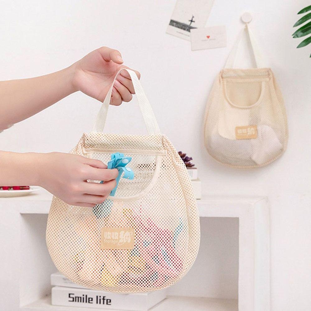 

Reusable Fruit Storage Bag Hollow Shopping Bags Portable Socks Storage Hanging Bag for Home бежевий