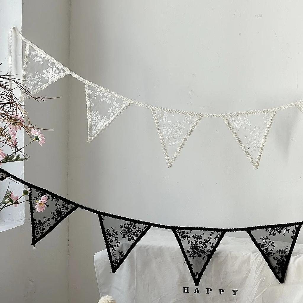 Romantic Lace Fabric Flower Garland Pennant Girls Room Wall Hanging Banner for Kids Birthday Baby Shower Wedding Party Decor