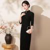 Black Modern Chinese-Inspired Long Sleeve Midi Dress With Stand Collar Side Slit Women 2026