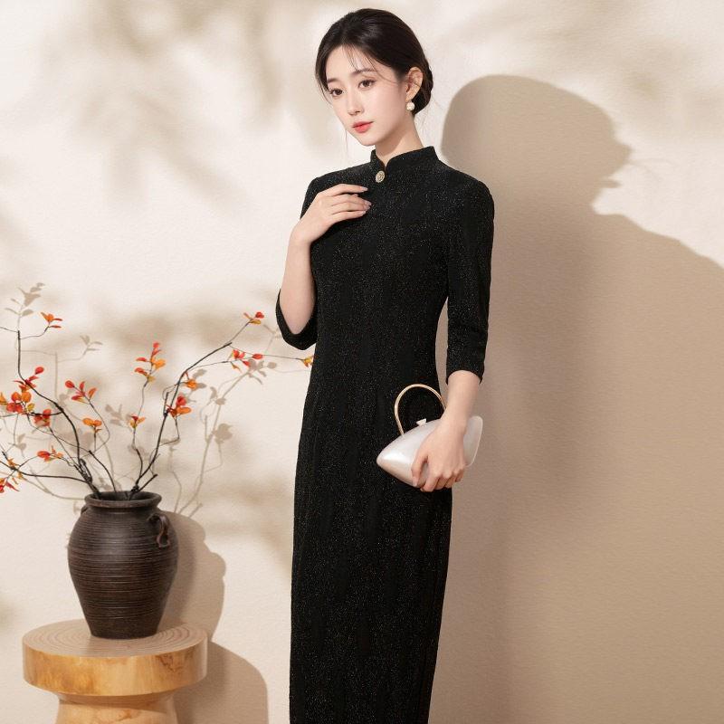 Black Modern Chinese-Inspired Long Sleeve Midi Dress With Stand Collar Side Slit Women 2026