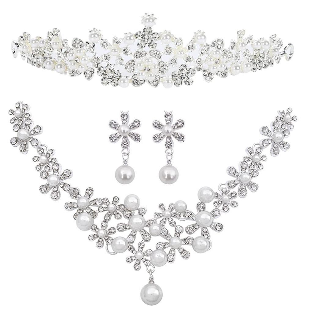 Uccellino 3-Piece Pearl Tiara Set with Hairpins and Instructions for Wearing, Perfect for Weddings and Parties (Pearl Earrings)