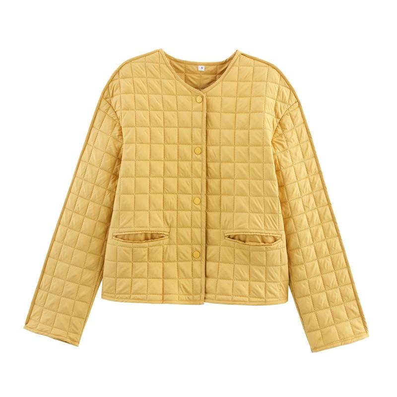 Womens Winter Plaid Cotton-Padded Coat Loose Fit Round Neck Long Sleeve Single Breasted Outerwear