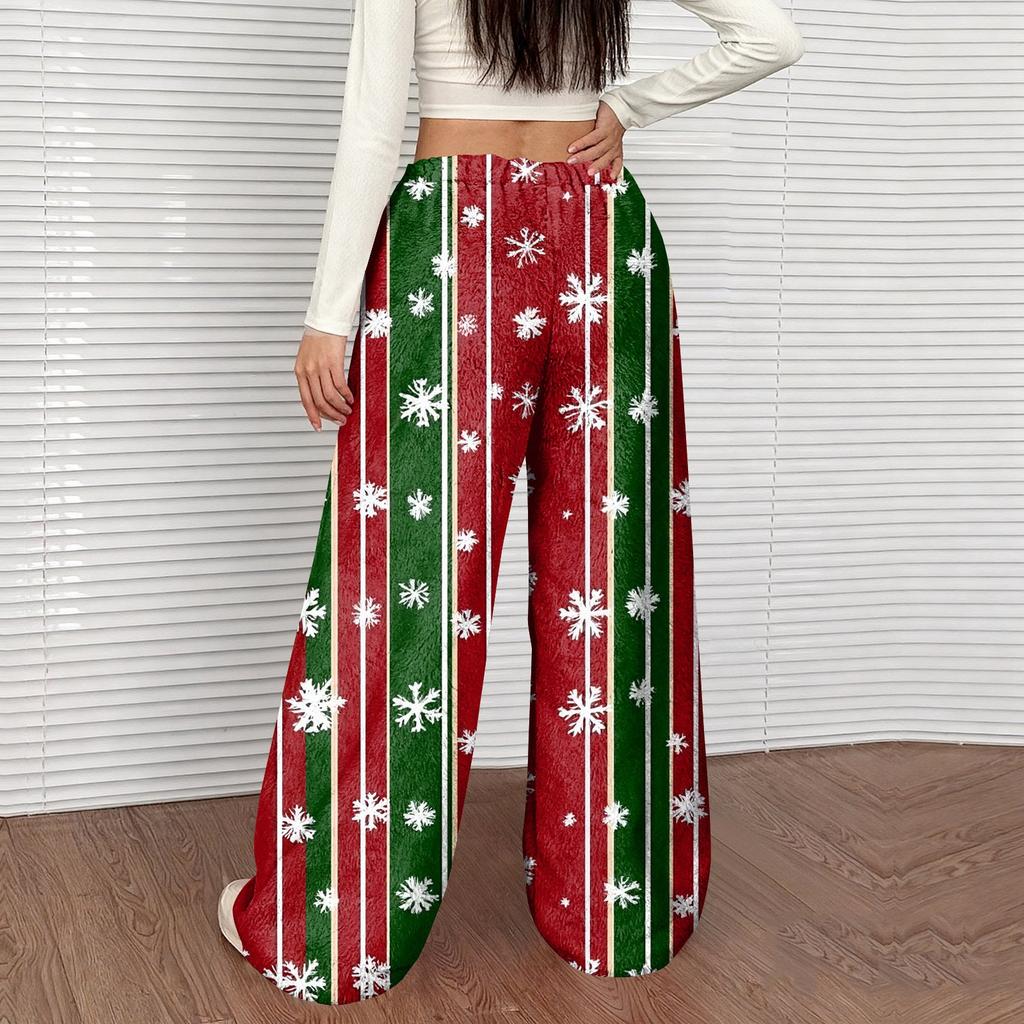 Women's Casual Fashion Christmas Print Elastic Waist Loose Plush Wide Leg Pants
