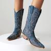 Botas Cowgirl Femininas Azul Confortáveis Cowboy Western Botas Cano Largo Couro Bordado Sapatos Elegantes