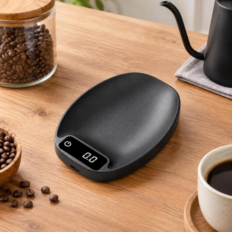 Rechargeable Coffee Weighing Scale with 200 G Capacity, Battery Power, Touch Control, and Small-Form Design for Home Coffee Measurement