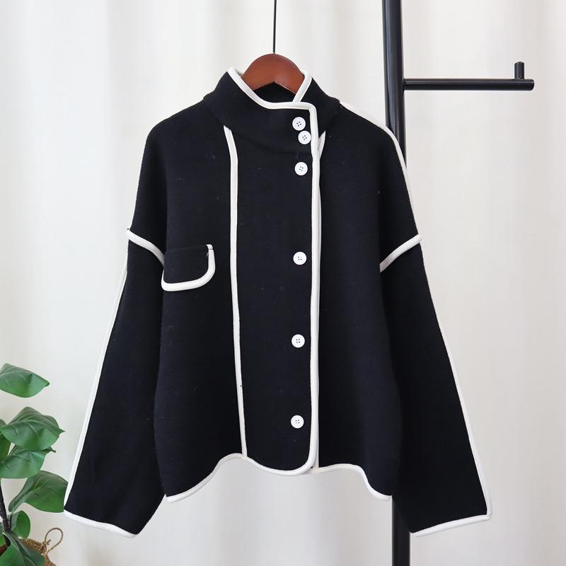 Stand-up Collar Knitted Double-sided Cardigan Autumn and Winter New Contrasting Colors High-end Temperament Sweater Jacket Women