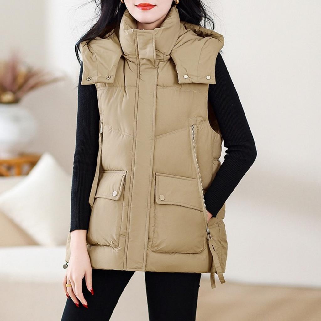 New Women's Padded Vest Mid-length Cinched Waist Thickened Loose Sleeveless Jacket For Autumn Winter