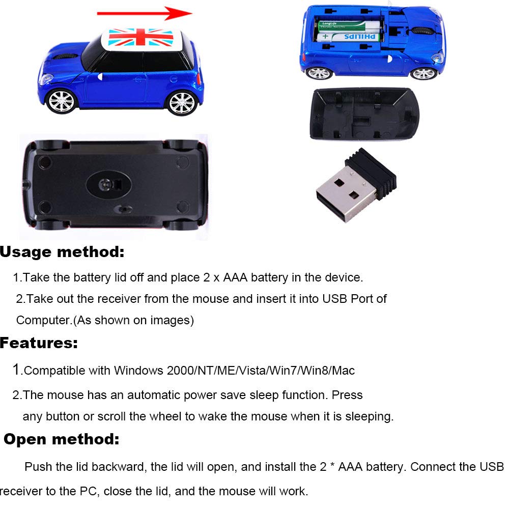 Tihilgam Kamouse Sports Car-Style Wireless Mouse, 3-Button Optical Ergonomic Gaming Mouse with USB Receiver for PC, Computer, Laptop, Gift