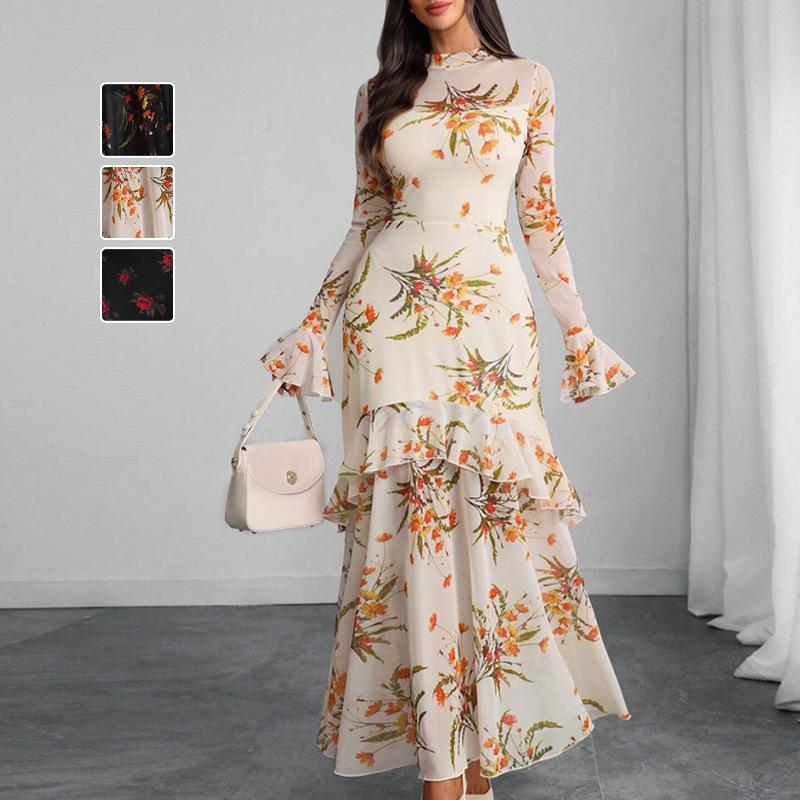 European Black Floral Ruffle Sleeve Dress
