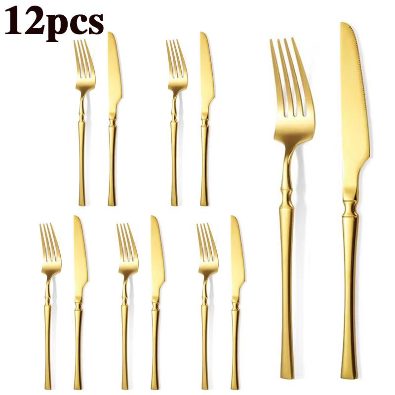 12/24/36pcs Stainless Steel Tableware Set, Including Knife and Fork, Luxurious Gold Waist, Suitable for Holiday Restaurants.