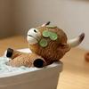 Highland Cow Statue Relaxing Bathing Cow Resin Desktop Ornament with Cucumber Slices Decorative Aromatherapy Tray Bathroom Decoration
