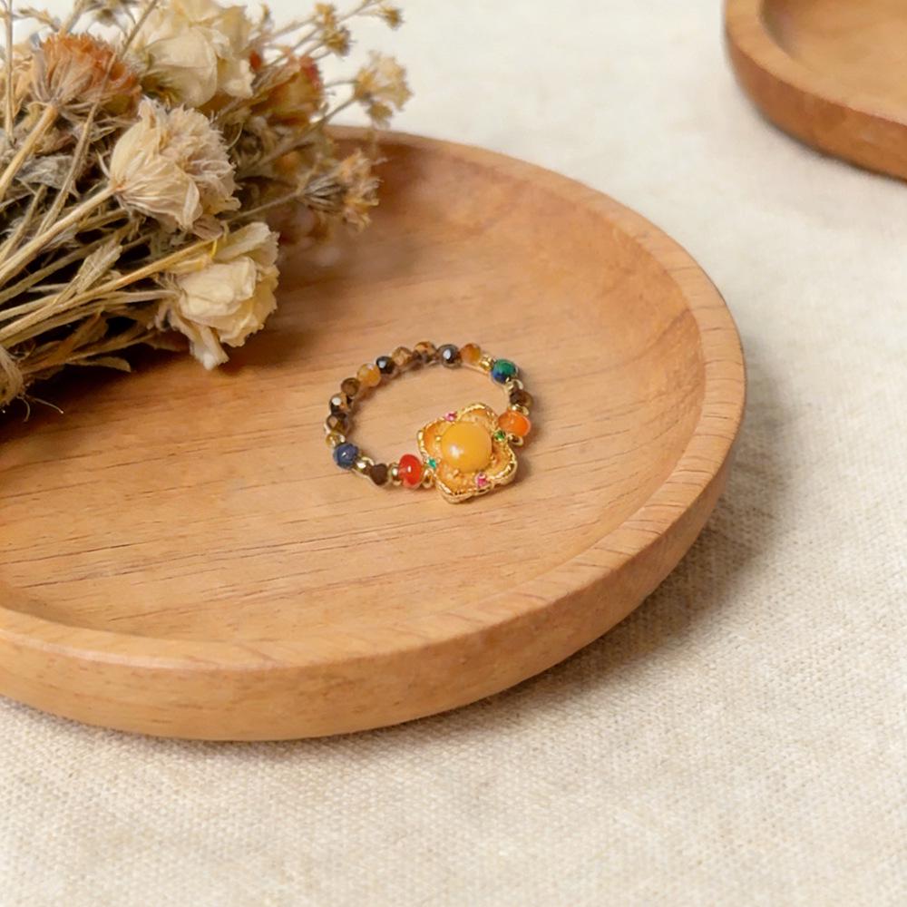 Women's Amber Agate Ring: Chinese Style, Wealth-Attracting, Tiger Eye & Lapis Lazuli, Versatile & Stylish