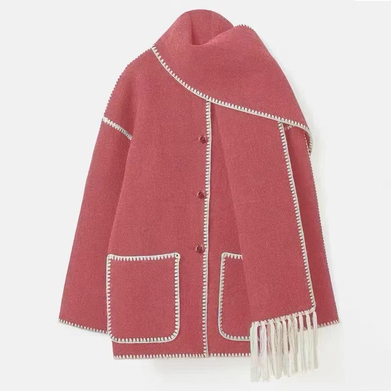 2023 Autumn/Winter Women's Wool Coat with Scarf & Tassels - European & American Style, Thick & Loose.