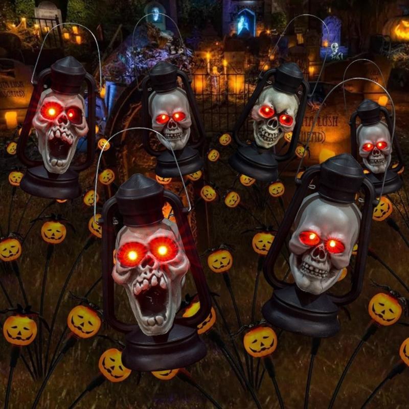 Retro Style Skull Head Light Handheld Skeleton Head Light Halloween Decoration With Handle For Home And Outdoor Parties