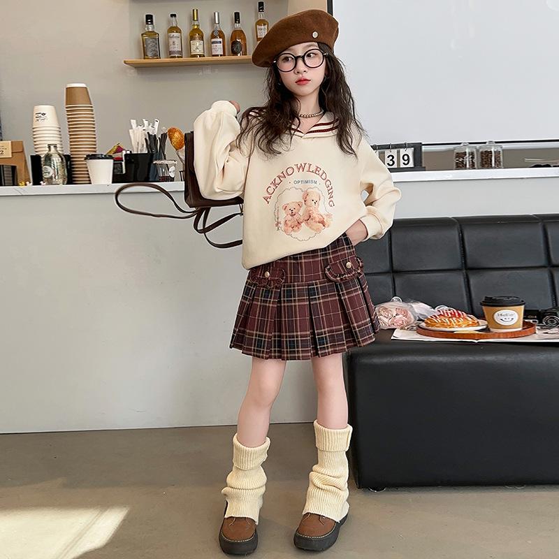 Dívčí jarní outfit v korejském stylu 2025: Set mikiny s dlouhým rukávem a plisované sukně