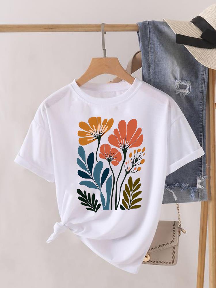 (Asian Size) Sweet Flower Printed Clothing Lady Female Top Casual T Shirt Fashion Short Sleeve T-shirts Women Graphic Tee