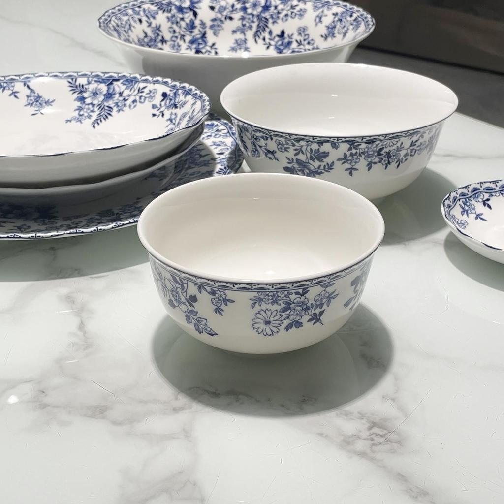 Blue and White Porcelain Pastoral Style Large Noodle Bowl, Microwave-Safe Ceramic Vegetable Dish, Underglaze Tableware