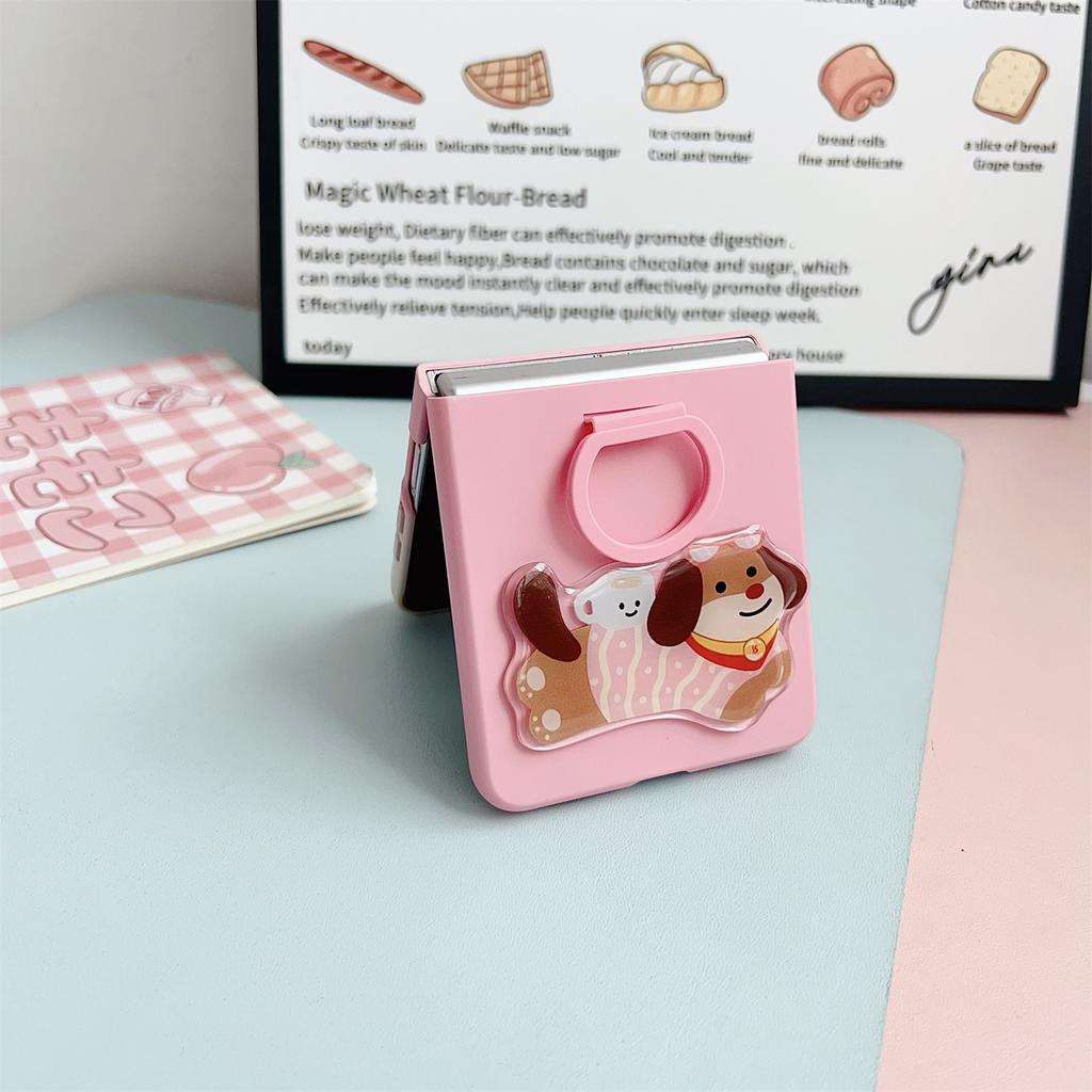 For Samsung Galaxy Z Flip7 5G Case Skin Touch Silicone Ring PC TPU Phone Cover with Cartoon Dachshund Sticker