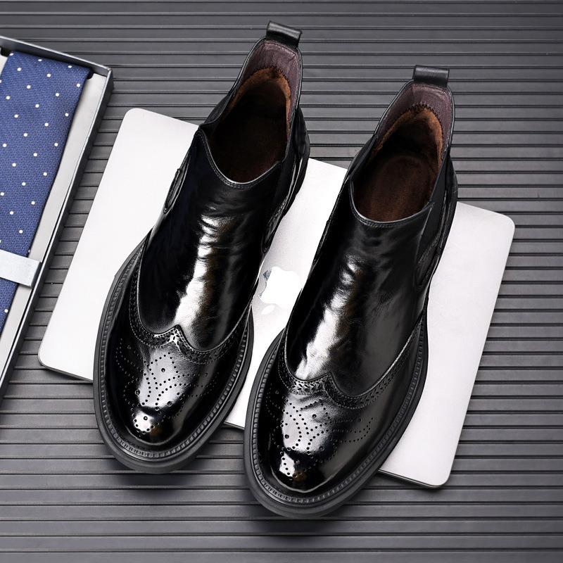Men's Genuine Leather Chelsea Boots, Versatile Velvet-Lined Mid-Calf, Breathable, Trendy Snow & Martin Boots