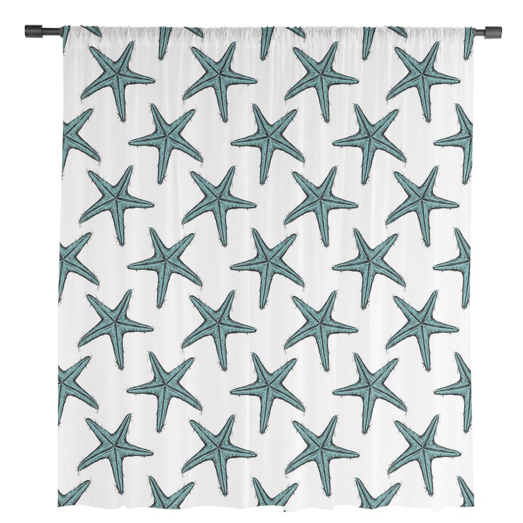 Starfish Texture Aqua In Summer Chiffon Sheer Curtains For Living Room Bedroom Decoration Window Tulle Curtains Drapes